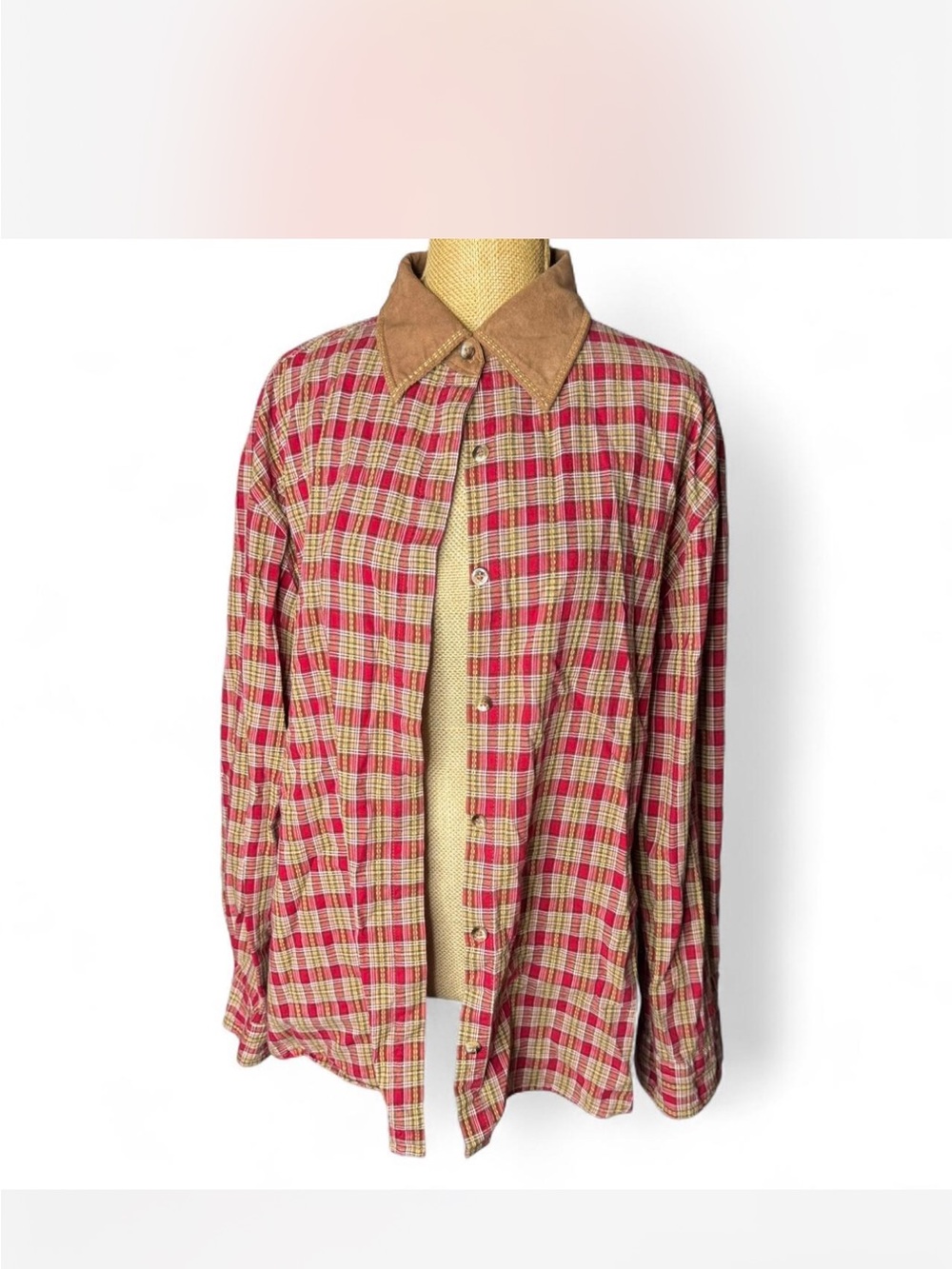 Bobbie Brooks Red and Tan Plaid Button-Down Shirt with Suede Collar